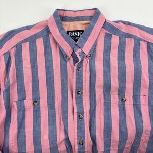 Basic Options Men's XL Casual Button Down Blue/Pink Stripe Short Sleeve Shirt
